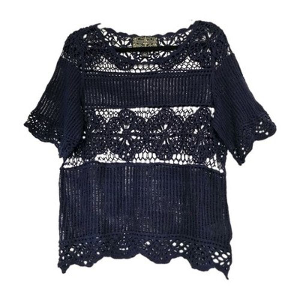 Anthropologie James Coviello Lace Crochet Top Womens L Navy Coastal Boho Hippie